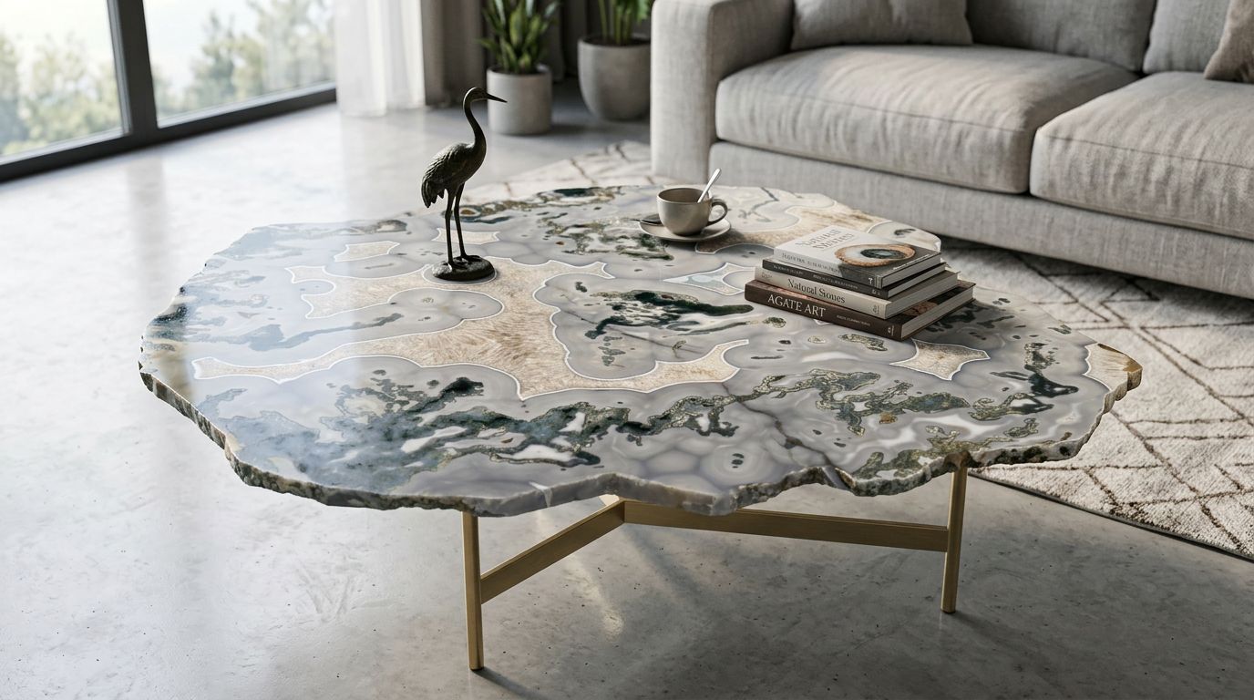 Moss Agate With Crystal | Stone Tables | Rare Design | Coffee Tables | Study Tables | Quartz | Orange Count (OC)