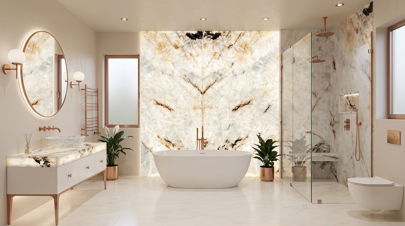 Cristallo Mist quartzite in a bathroom