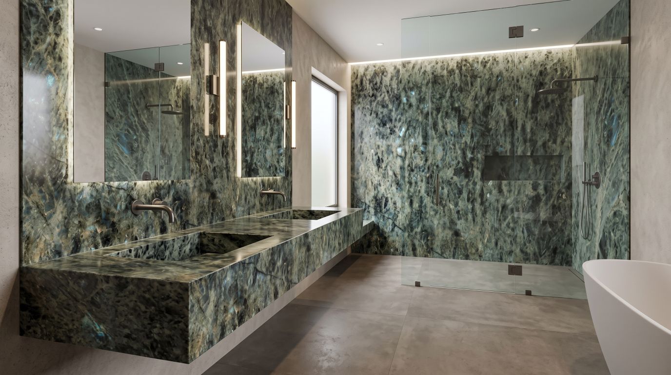Labradorite granite bathroom